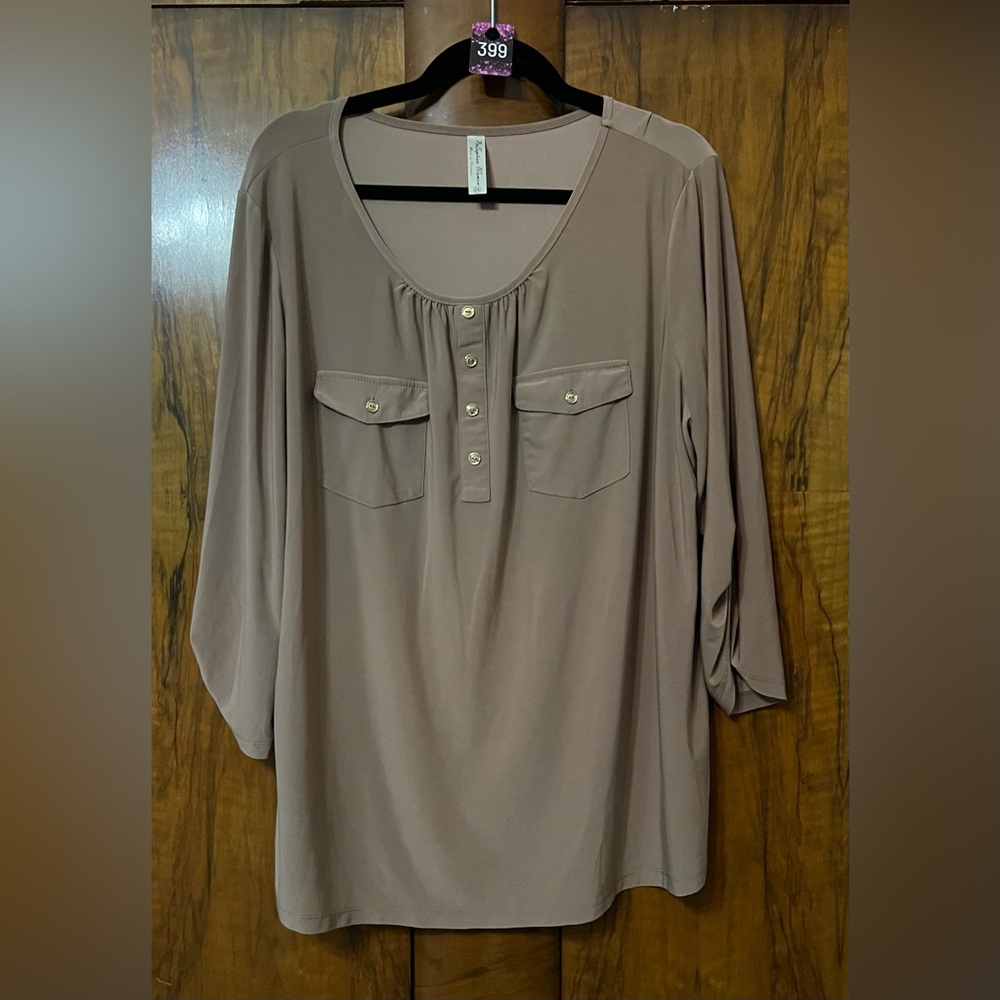 Perseption Taupe Blouse with Button Accents